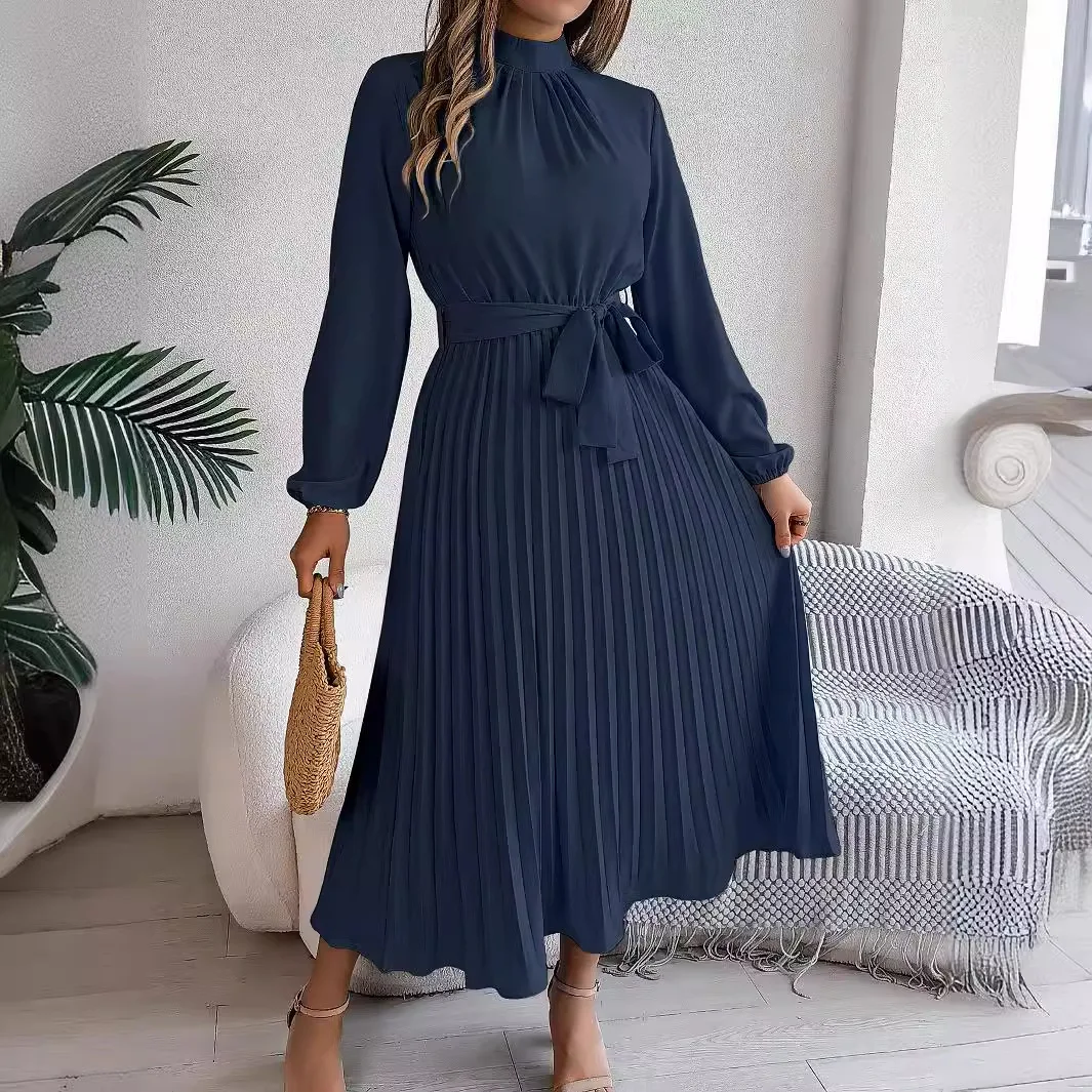 Women's Elegant Stand Collar Long Sleeve Pleated Long Dresses 2025 Spring Autumn Ladies Solid Lace-up Pleated Party Midi Dress 4