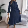 Women's Elegant Stand Collar Long Sleeve Pleated Long Dresses 2025 Spring Autumn Ladies Solid Lace-up Pleated Party Midi Dress 4