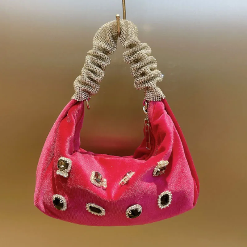 

New Rose Red Suede Diamond Pleated Women Bag Newspaper Shoulder Underarm Bag Evening Party Bag