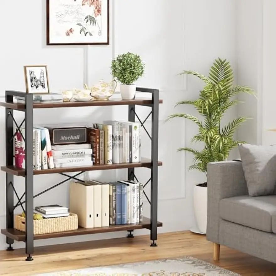 3 Tier Bookshelf Bookcase, 35.5'' Width Wood & Metal Open Book Shelf, Freestanding Industrial Display Shelf, Rustic Storage