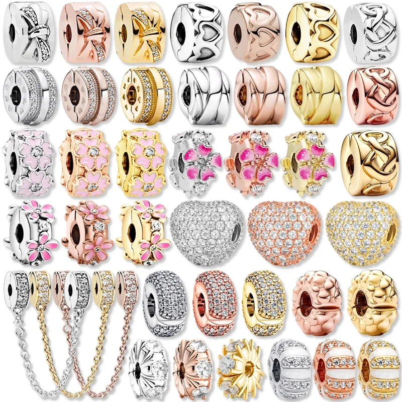 Hot DlY Sparkling Tricolor Safety Chain Clip Charm Flower Heart Bead Fit Original Europeans Silver Bracelet Necklace JewelryGift