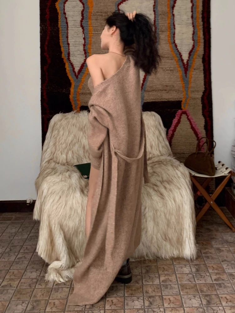 Autumn Winter New Knitted 3-piece Skirt Set Women Solid Long Cardigan Strapless Crop Top Mini Skirt Y2K Korean Chic Knitwear New
