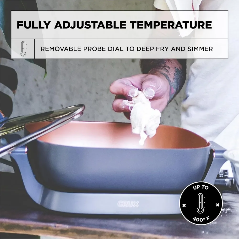 Electric Skillet with Glass Lid,Nonstick Scratch Resistant Ceramic Pan,Extra Deep with Removable Temperature Probe,12"x12",1400W 4