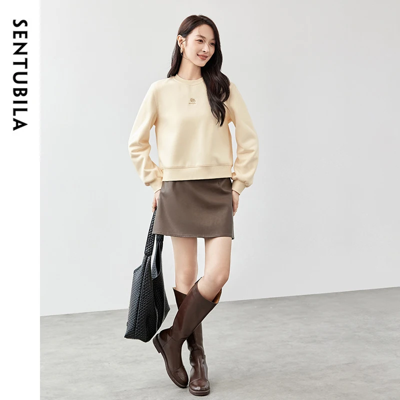 SENTUBILA Embroidery Woman Sweatshirts Pullovers 2024 Winter Straight Cotton Thick Cropped Round Neck Basic Tops 144A57100 6