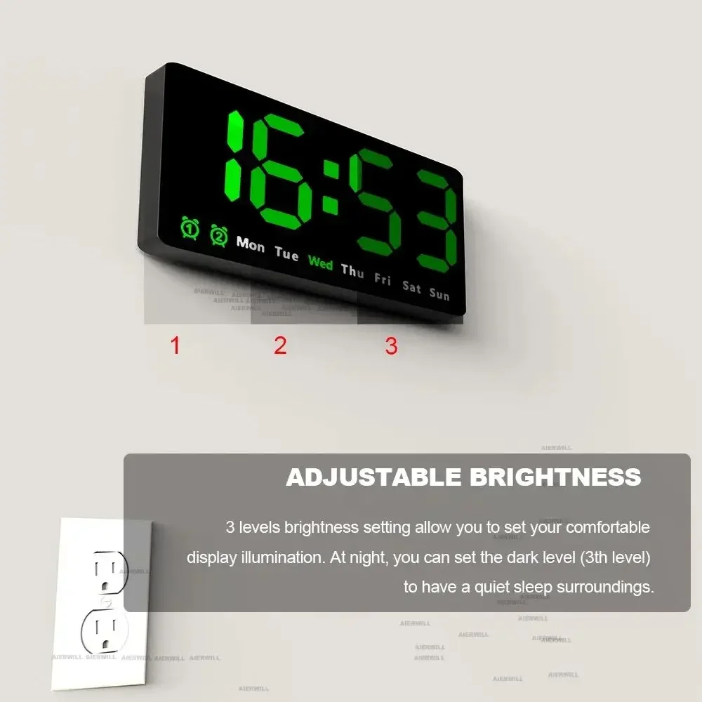 Digital Wall Clock with Large Colorful LED Display, Date, Temperature, and 2 Alarms