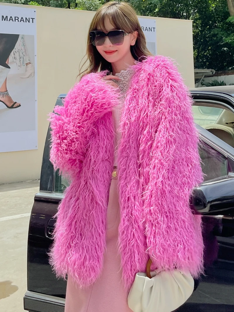 Warm Green Imitated Fur Coat Female 2023 Winter Clothes Woman Mongolia Sheep Fur Green Three-Button Lamb Fur Mid-Length Coats