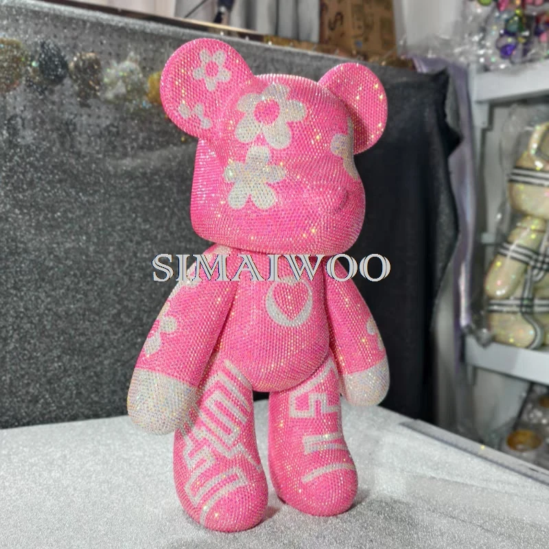 Mit Diamanten besetzte Bärenfigur, rosa Pfirsichblumenmotive, Skulptur, handgefertigtes Strass-Mosaik, Kunsthandwerk, Weihnachtsgeschenk, Heimdekoration – Detail 2