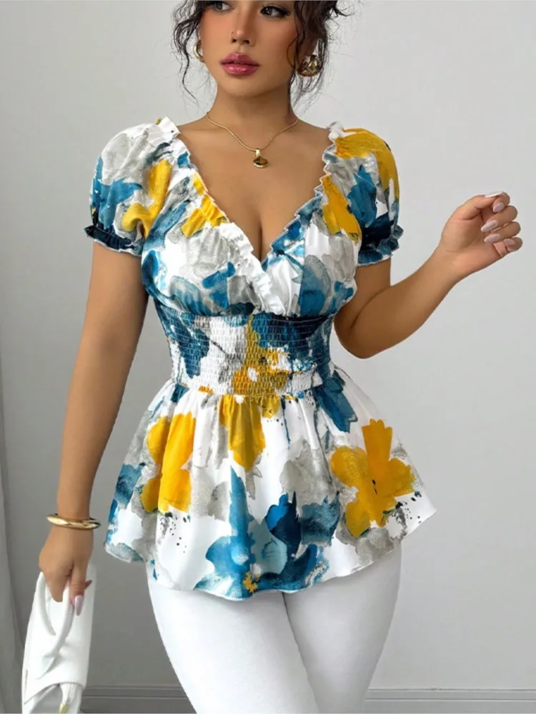 ChicMe Solid V Neck Short Sleeve Ruched Top Floral Print Pocket Design Leg Pants