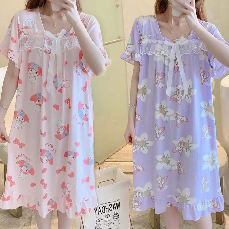 

2022 New Kawaii Girls Pajamas Sanrio Cinnamoroll Summer Sweet Nightdress Melody Cartoon Short Sleeve Homewear