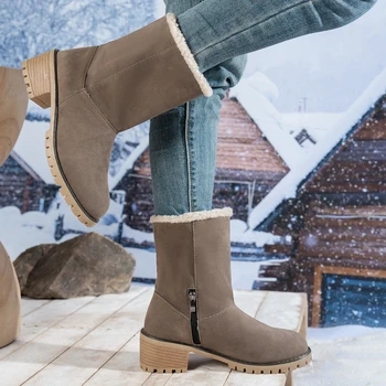 2025 شتاء جديد حار بيع جولة تو مريحة منتصف الساق الأحذية النسائية المألوف وأنيق مأدبة عالية الكعب أحذية ثلج 2