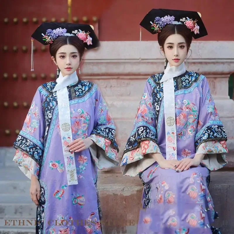 Chinese Hanfu Qipao Qing Dynasty Princess Gege Cheongsam Dress Printed Fower Ancient Clothes Folk Dance Dress Cosplay Costume
