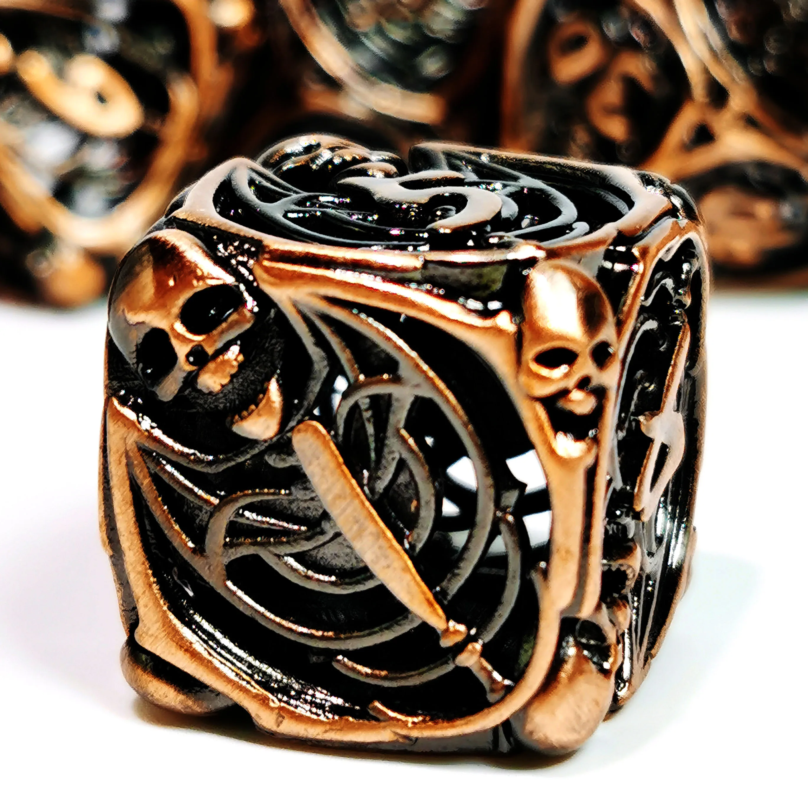 DnD Metal Dice Set - Hollow Skull Design Zinc Alloy Dice, Copper Red 7pc Polyhedral RPG Dice Set for D&D 2