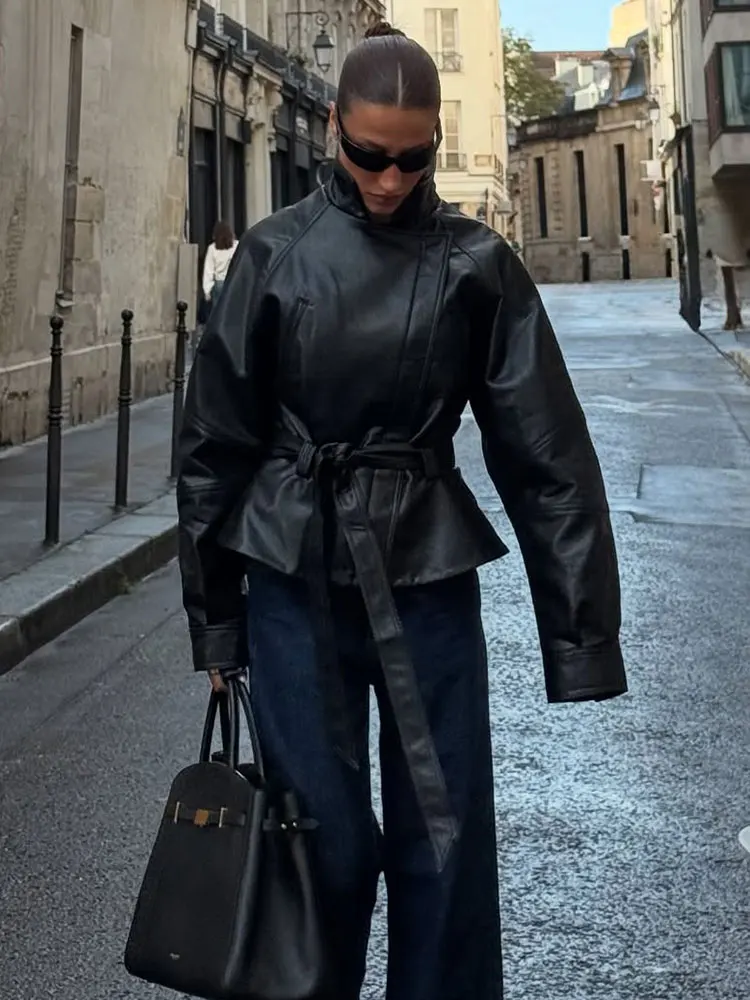 HH Women Fashion Black Short Faux Leather Trench Coat Long Sleeve Lapel Jacket With Belt Vintage Lady Motorcycle Jacket Outwear