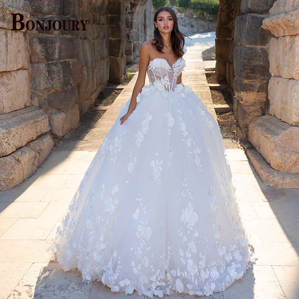 BONJOURY Exquisite Wedding Dresses For Woman Bride Ball Gown 3D Flower Appliques Lace Up Vestidos De Noiva Made To Order