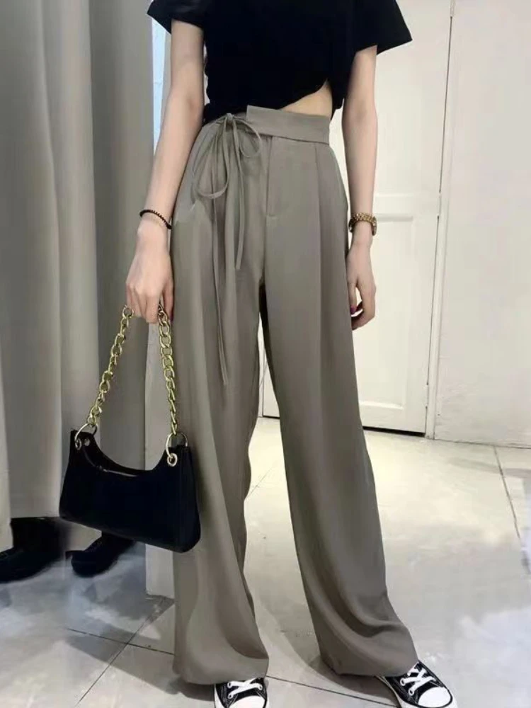 

Женские офисные Костюмные брюки, весна-лето 2024, брюки на шнуровке с высокой талией и широкими штанинами, женские повседневные свободные прямые брюки