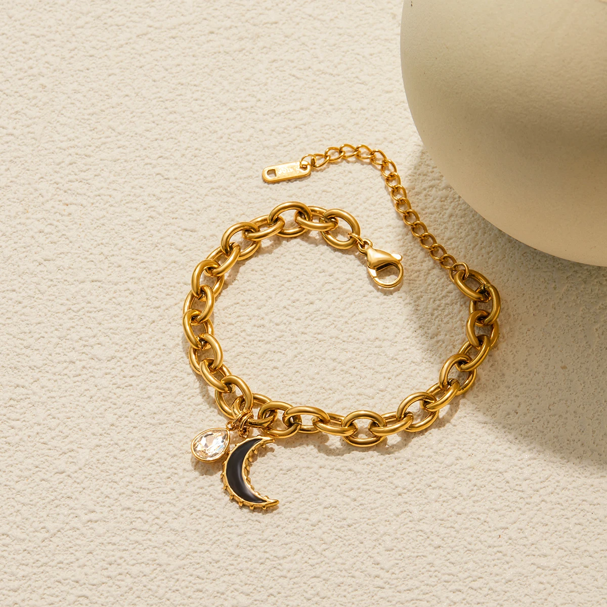 Uworld Minimalist 18K Gold Color Plated Stainless Steel Rhinestone Water Drop Pendant Black Oil Drop Moon Pendant Bracelet Women 6
