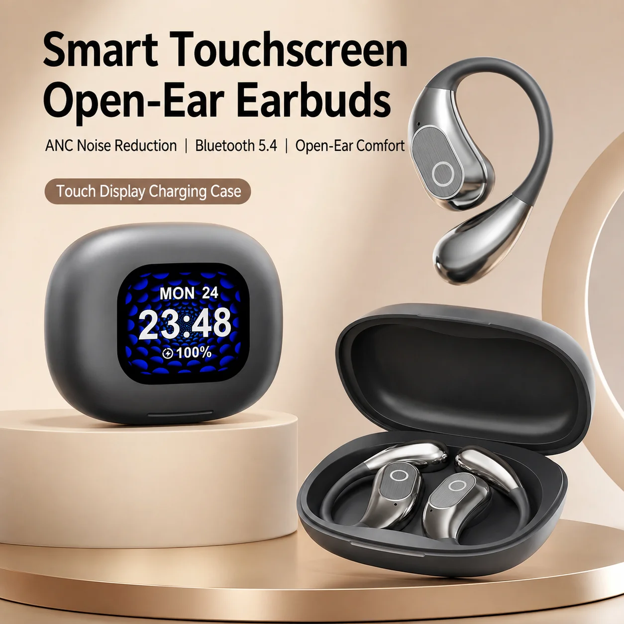 Cuffie Open-Ear Bluetooth 5.4 con Custodia Touchscreen, Riduzione del Rumore ANC ENC, Audio Hi-Fi Stereo, Lunga Durata della Batteria