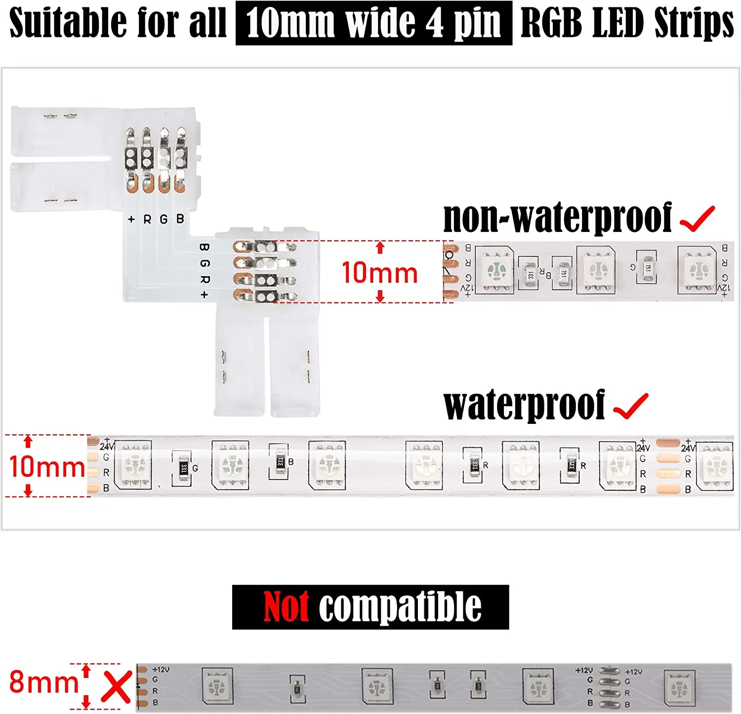 LED Strip Connectors L Shape 4-Pin LED Connectors 10mm Wide Right Angle Corner Connectors Solderless Adapter Connector Terminal For 3528/5050 SMD RGB