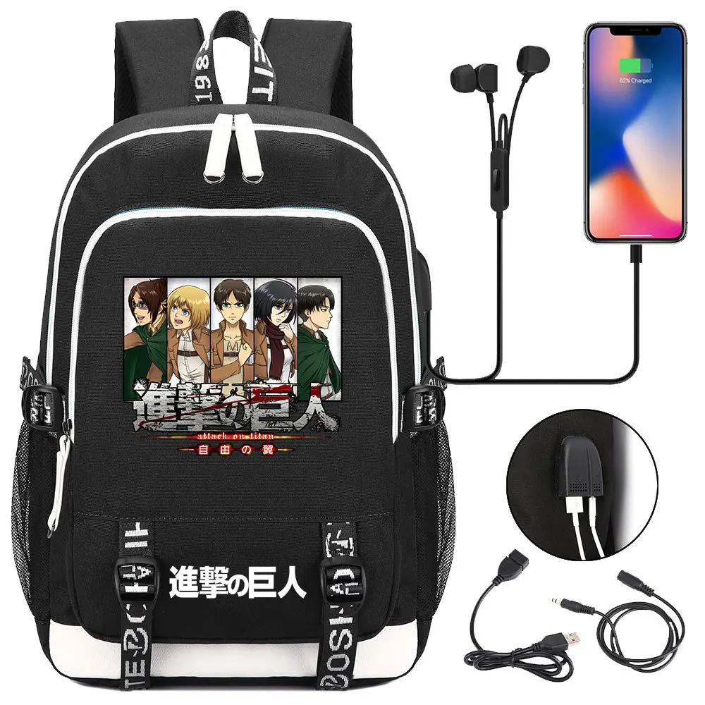 

Anime Attack on Titan Canvas Backpack USB Charging Knapsack Teenager Travel Laptop Bag Student Zipper Cartoon Black Schoolbag