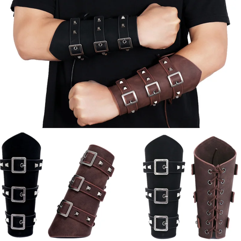 

Unisex Pu Leather Gauntlet Wide Bracer Arm Armor Wristband Protector Cuff String Steampunk Bangle Buckle Bracers Cosplay Props