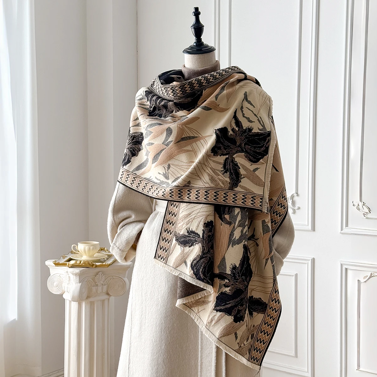 Brand Fashion Winter Warm Cashmere Scarf - Women's Tasseled Vintage Floral Oil Painting Printed Pashmina Thick Shawl & Poncho