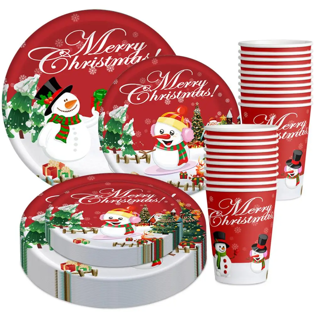 10PCS Christmas Disposable Tableware Party Decoration Arrangement Christmas Snowman Paper Cup Paper Plate Party Supplies