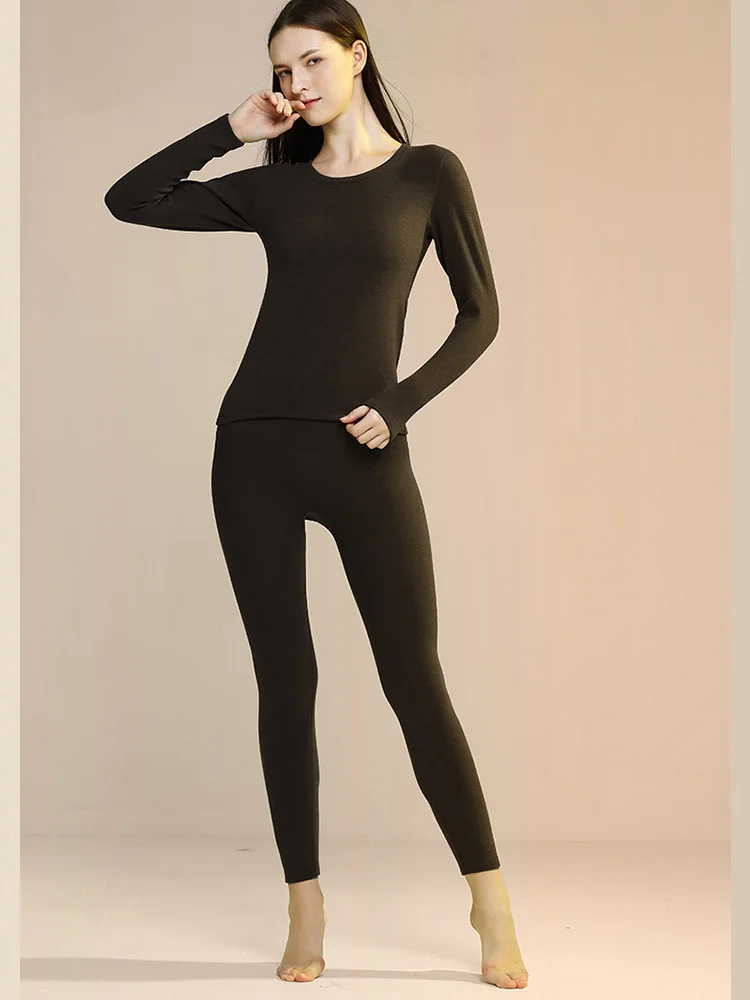 Silk Wool Warm Thermal Wear Women, O-Neck Fleece Thick Basic Ladies Two Piece Sets Autumn Winter