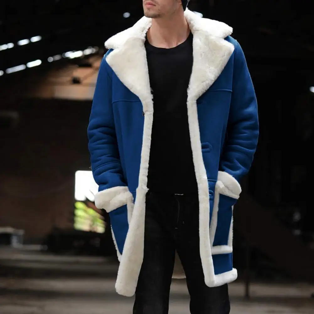 Windproof Jacket Coat Warm Cozy Winter Coat Thickened Suede Men's Mid-length Jacket with Plush Lining Large Lapel Jacket Outwear