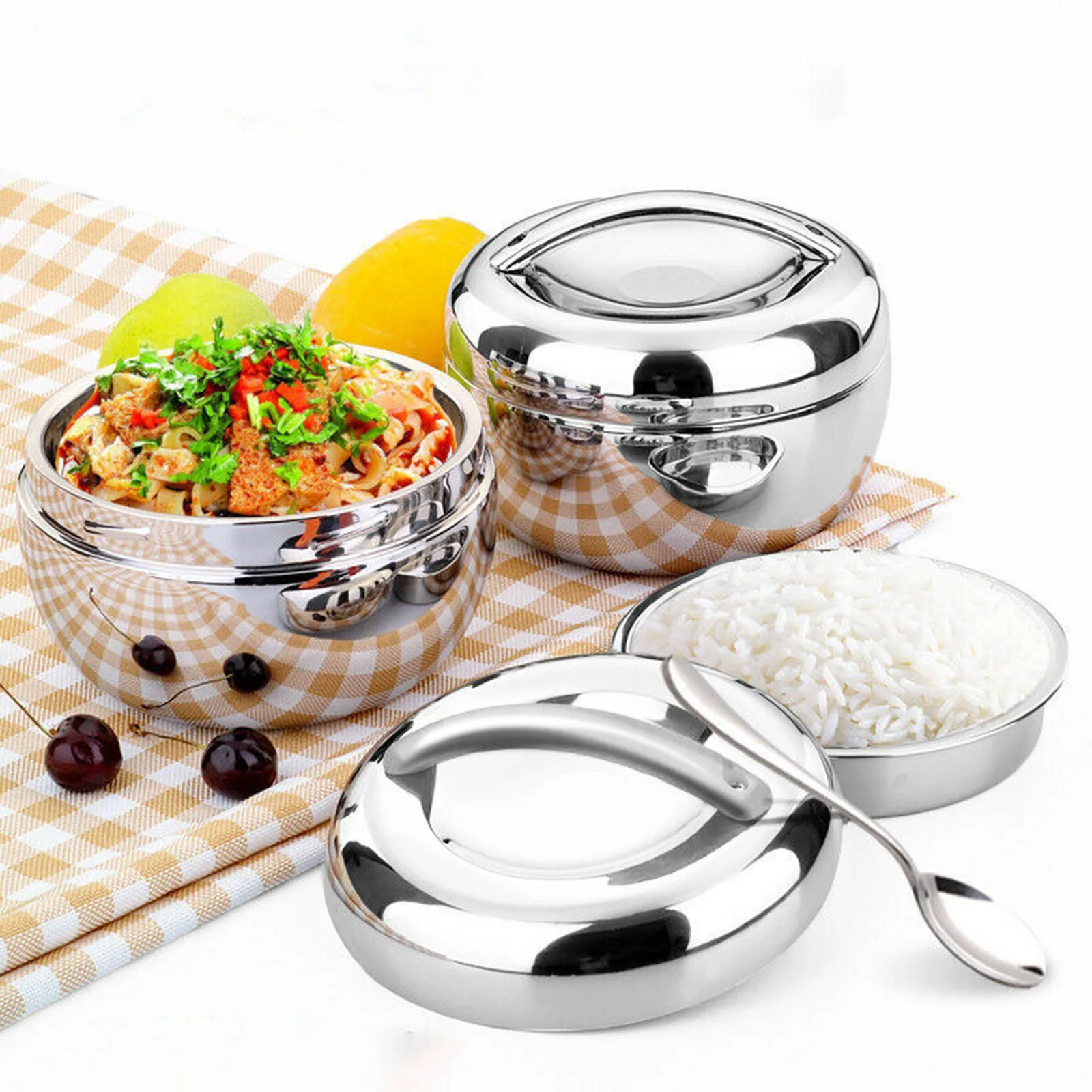 Hot Food Lunch Bento Box Stainless Steel Thermo Insulated Thermals Round Noodle Bowl Double Layer Fast Food Storage Container - 5