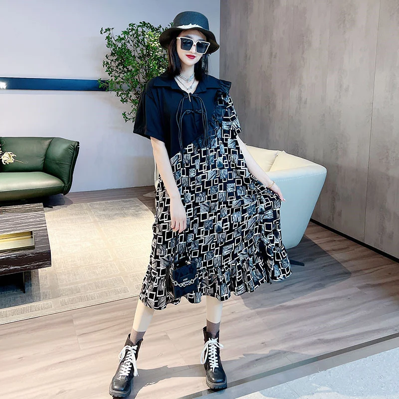 

2023 Summer Fashion Fragmented Flower Dress Loose Patchwork Mid Length Polo Neck A-line Dress