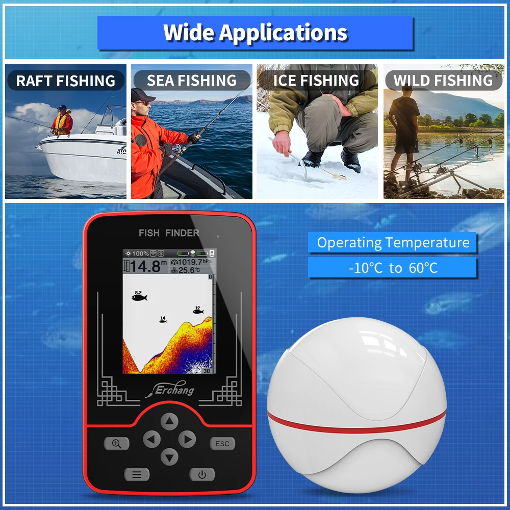 Erchang Wireless Fish Finder Rechargeable Sensor 60M Water Depth Echo Sounder Fishing Portable FishFinder