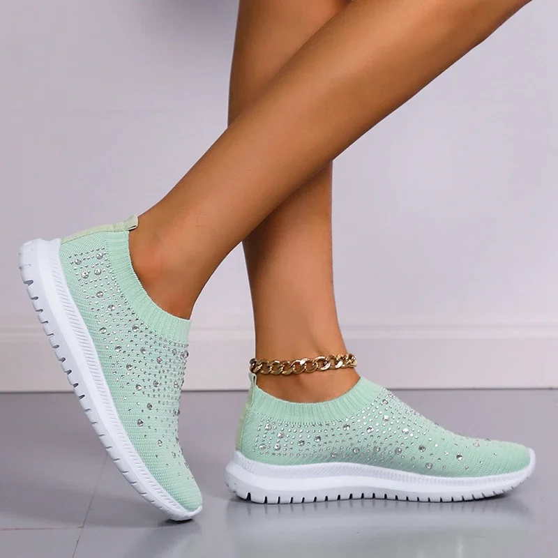 Women Shoes Shining Crystal Flats Spring Breathable Knit Platform Sneakers Comfortable Soft Bottom Non-slip