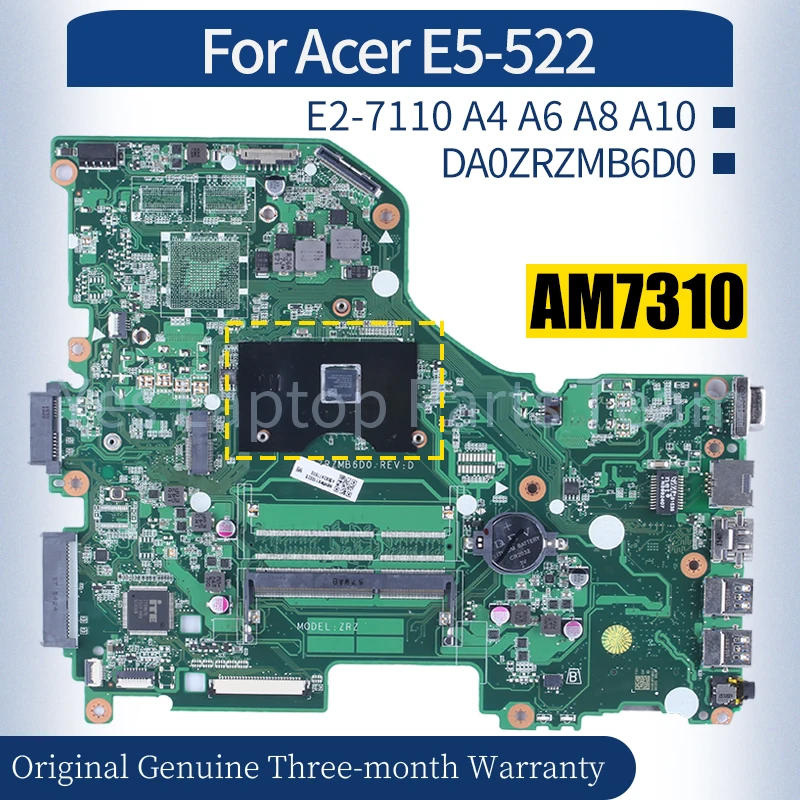 

DA0ZRZMB6D0 For ACER E5-522 Laptop Mainboard NBMWK1100 NBMWL11002 NBMWL11001 E2-7110 A4 A6 A8 A10 Notebook Motherboard