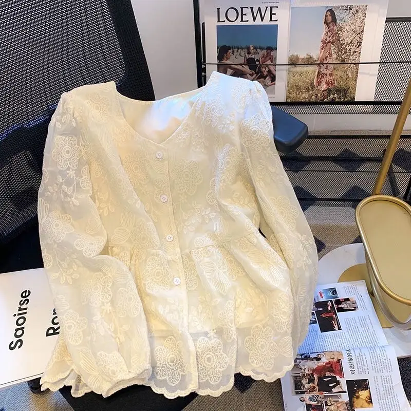 

2023 Spring Summer New Long Sleeve Lace Hooked Blouse Shirt