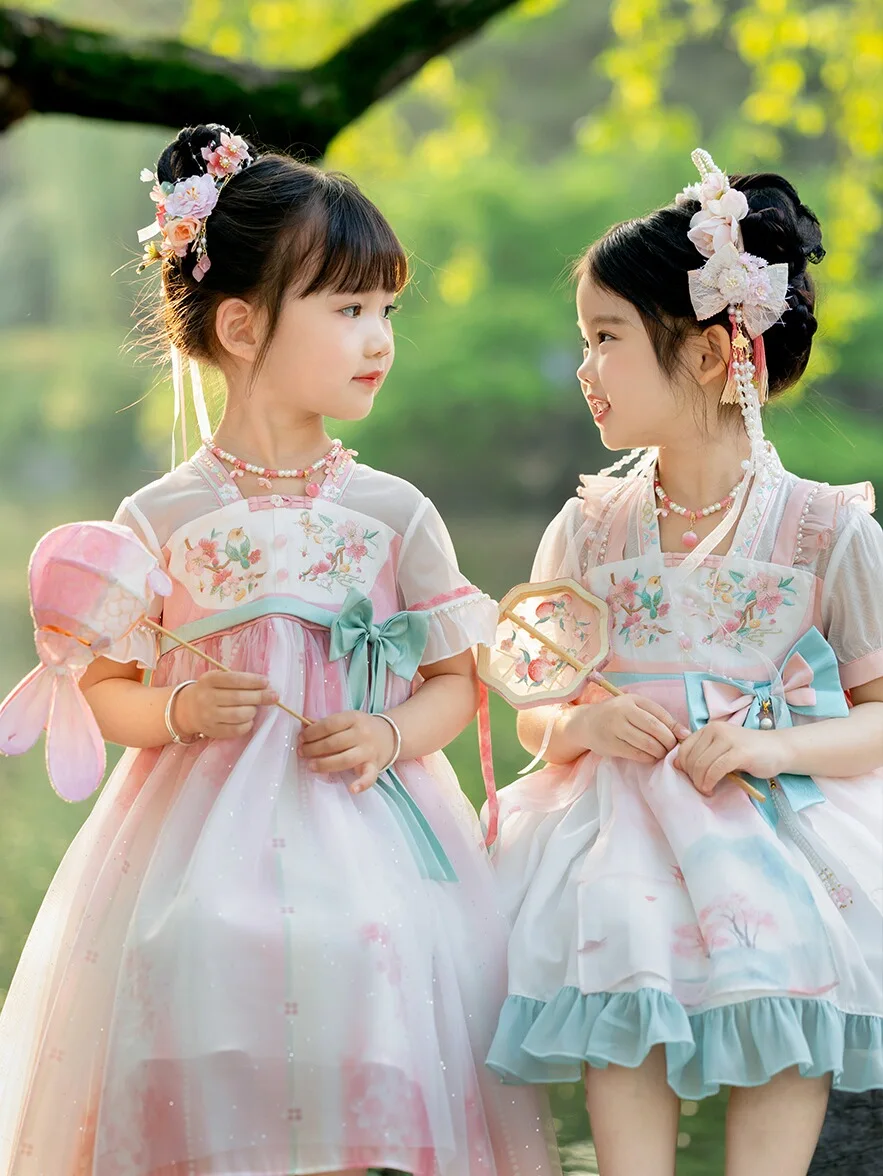 

Hanfu Girls' Summer New 2024 Baby Girls' Short Sleeve Lolita Light Color Antique Embroidery High-End Dress