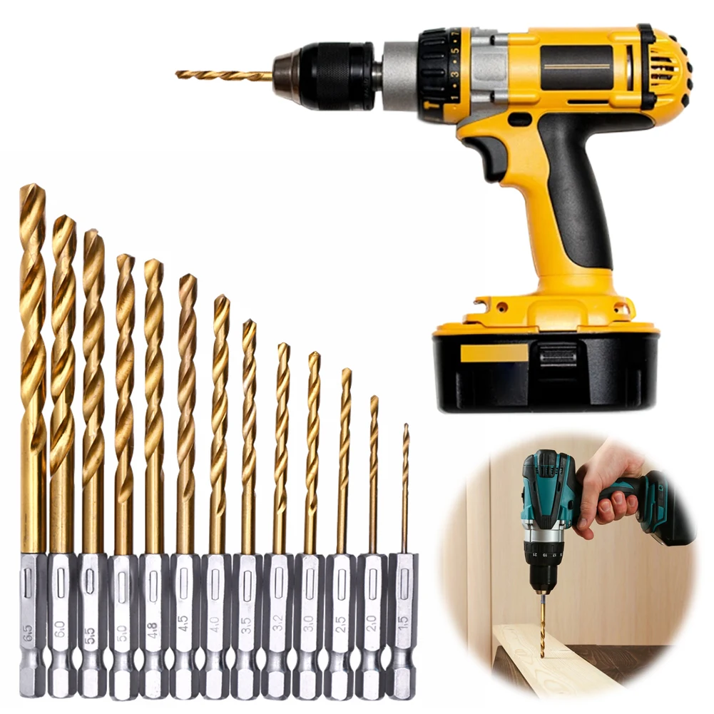 13 PCS 1/4inch Hex Drill Bit Set Titanium Coated HSS Twist Impact Drill Bit Set 1.5-6.5mm for Wood Plastic Aluminum Alloy Metal