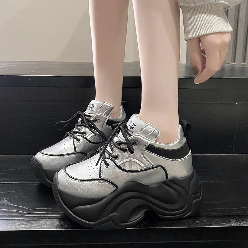 8CM Heels Autumn Chunky Sneakers for Women 2023 Platform Sports Breathable Leather Shoes Woman Lace-up Thick Bottom Dad Shoes