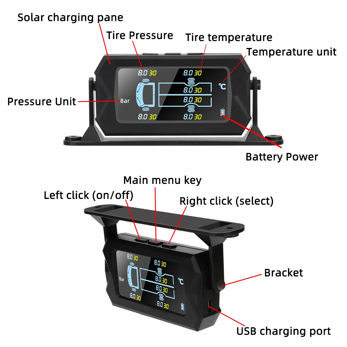 Car RV Truck TPMS Tire Pressure Monitoring System Wireless Solar with 6 External Sensors Digital LCD Alarm 0-8bar 0-15bar
