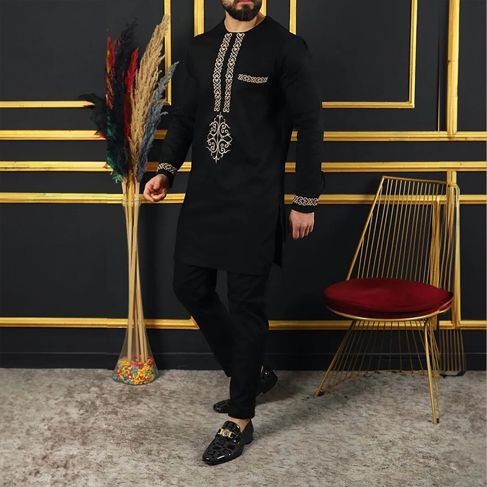 

2024 New Fashion Style African Men Black Plus Size Long Sleeve Dashiki O-neck Shirts Men Clothing Traditional 2piece Suit Dress