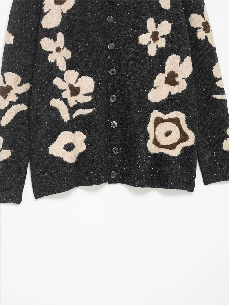 Casual Chic Women Cardigan Long Sleeve Flower Jacquard Knitting Cardigans Fashion 2025 Autumn Winter Loose Sweater Coat