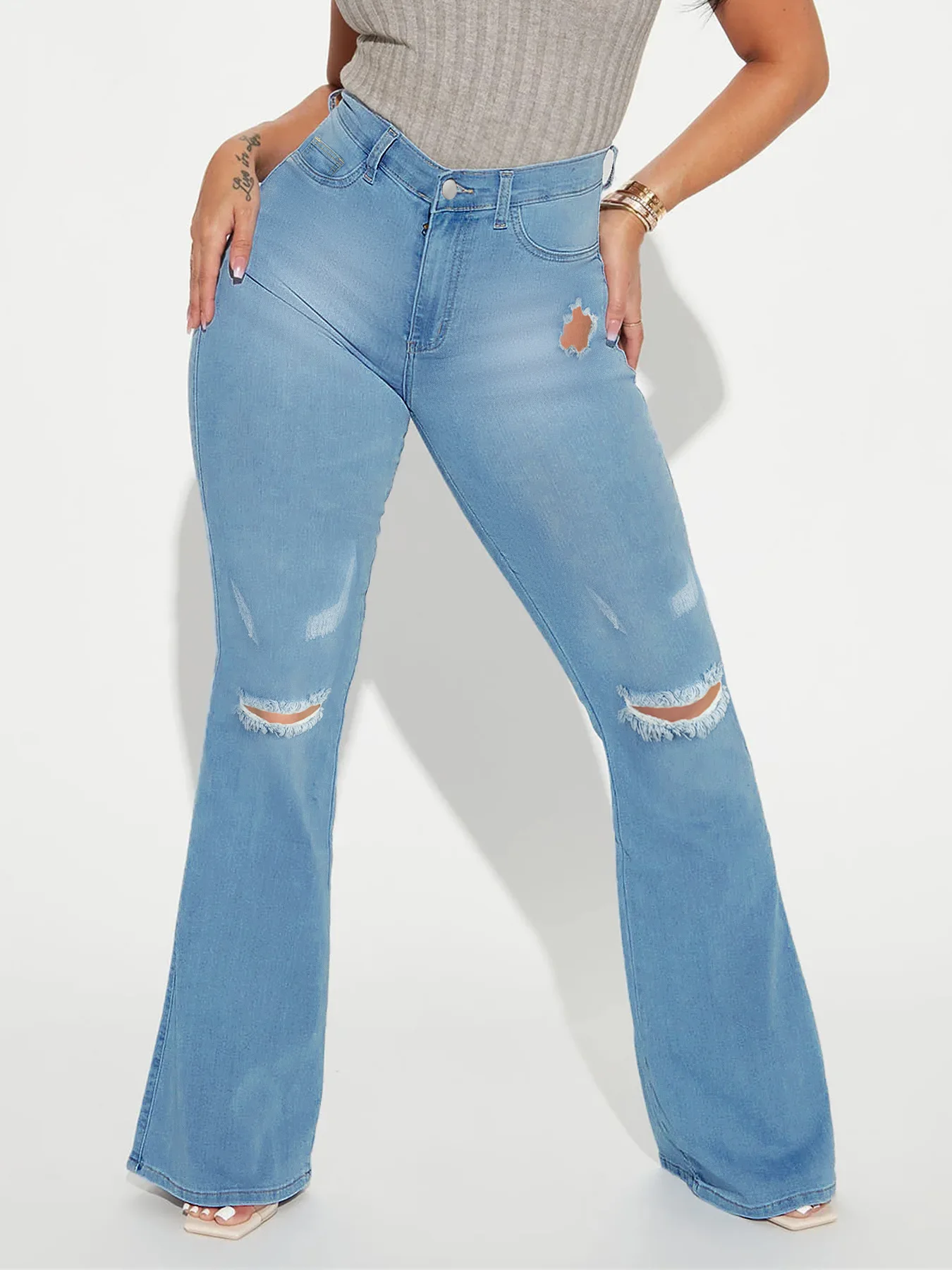 Women's Denim Pants Summer Fashion Trends Street Holes Denim Micro Flared Pants Women's Retro Vintage Blue Jeans