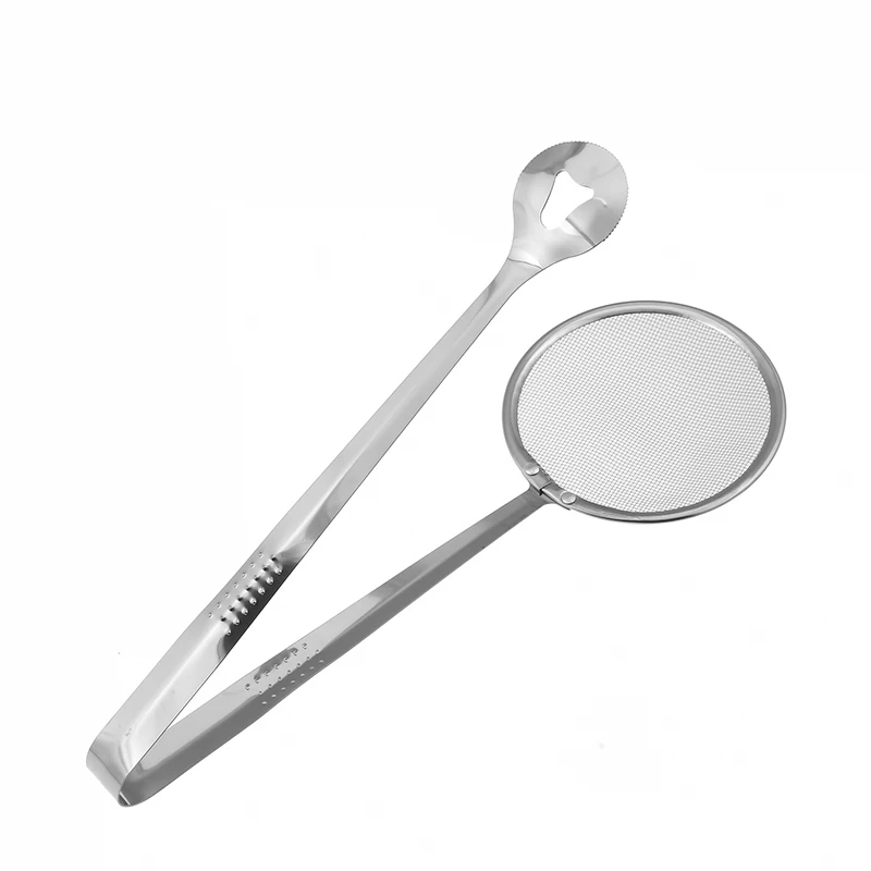 Stainless Steel Filter Spoon With Clip Multi-Functional Oil-Frying Skimmer BBQ Food Tongs Salad Strainer Kitchen Cooking Tools