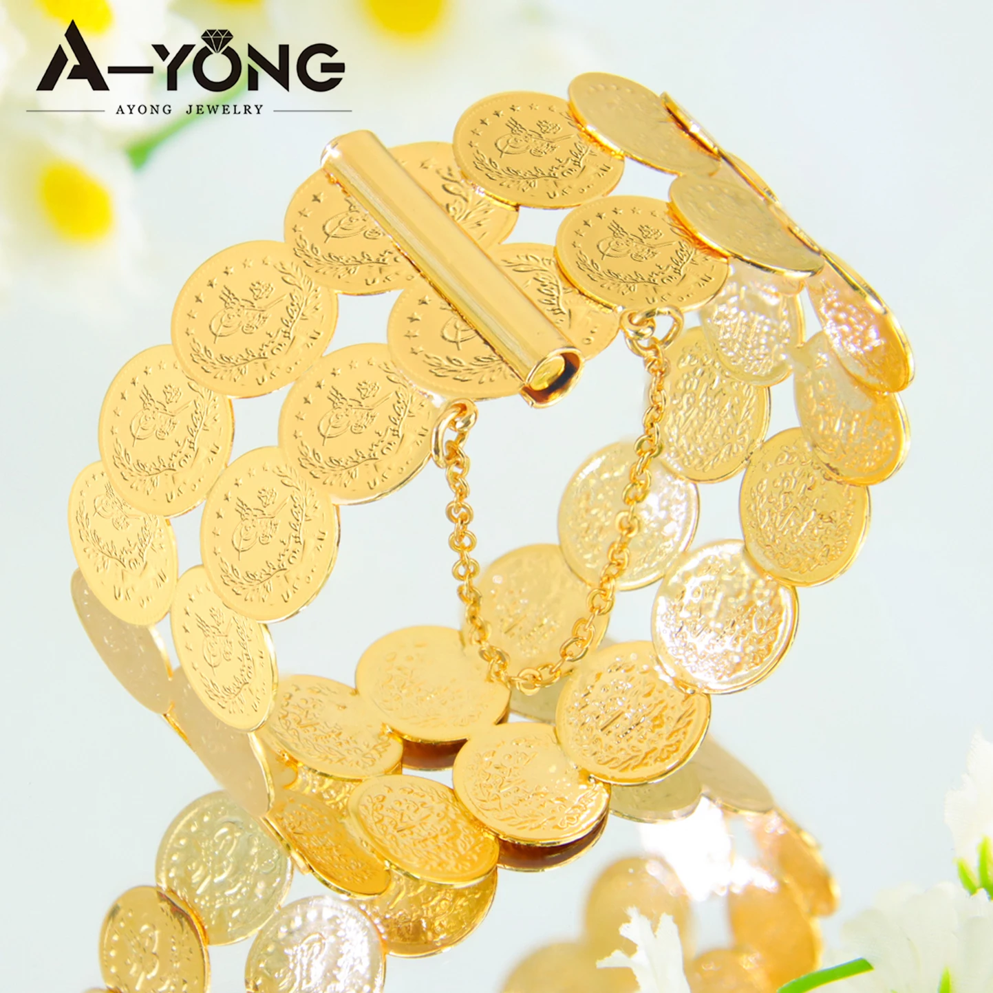 Luxus Türkische Braut Hochzeit Münzen Armreifen 21k Gold Überzogene Dubai Einfache Offene Armband Arabisch Frauen Vintage Party Schmuck – Detail 6