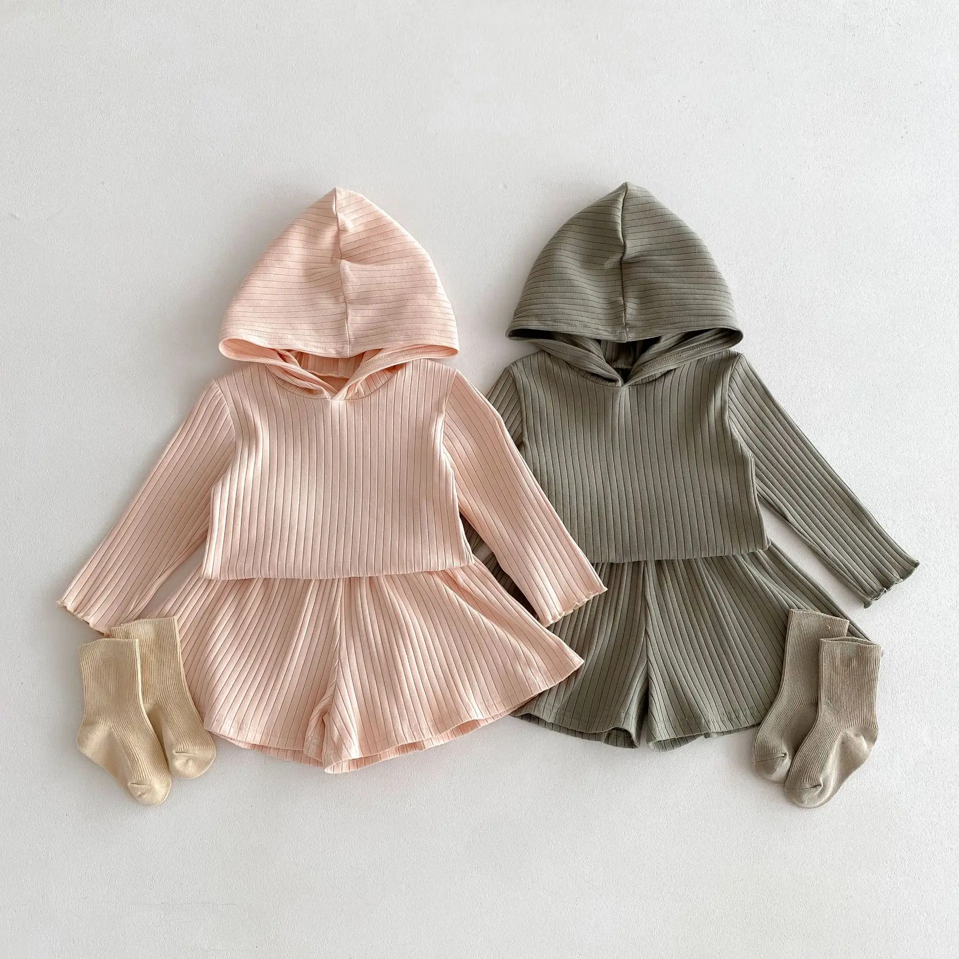

Kids Girls Fashion Clothing Sets Solid Striped Hooded Pullover Soft Shirt+High Waist Wide Leg Shorts 2pcs Children Summer Suits