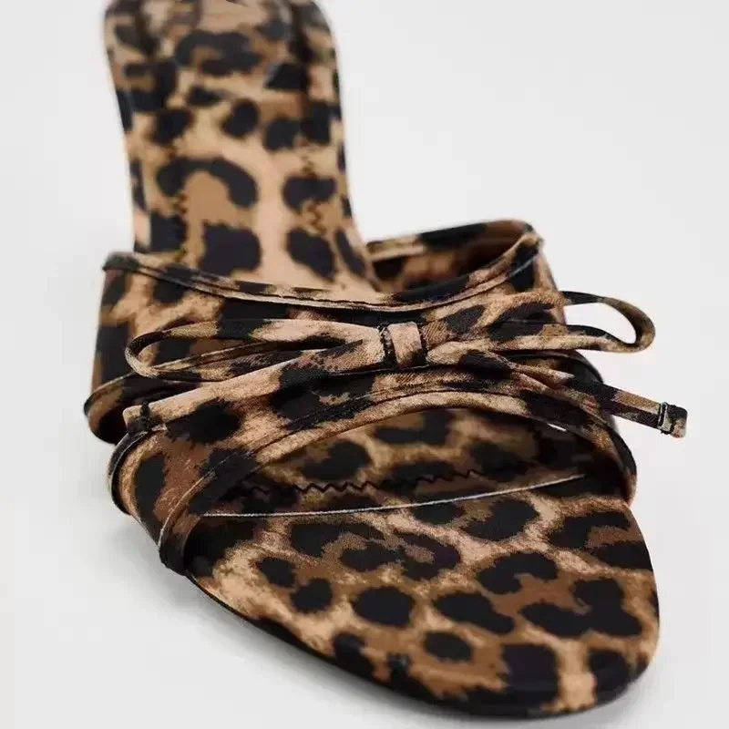 ZA2024 New European and American High Quality Women Shoes Bow Knot Leopard Print High Heel Slippers Women Slippers