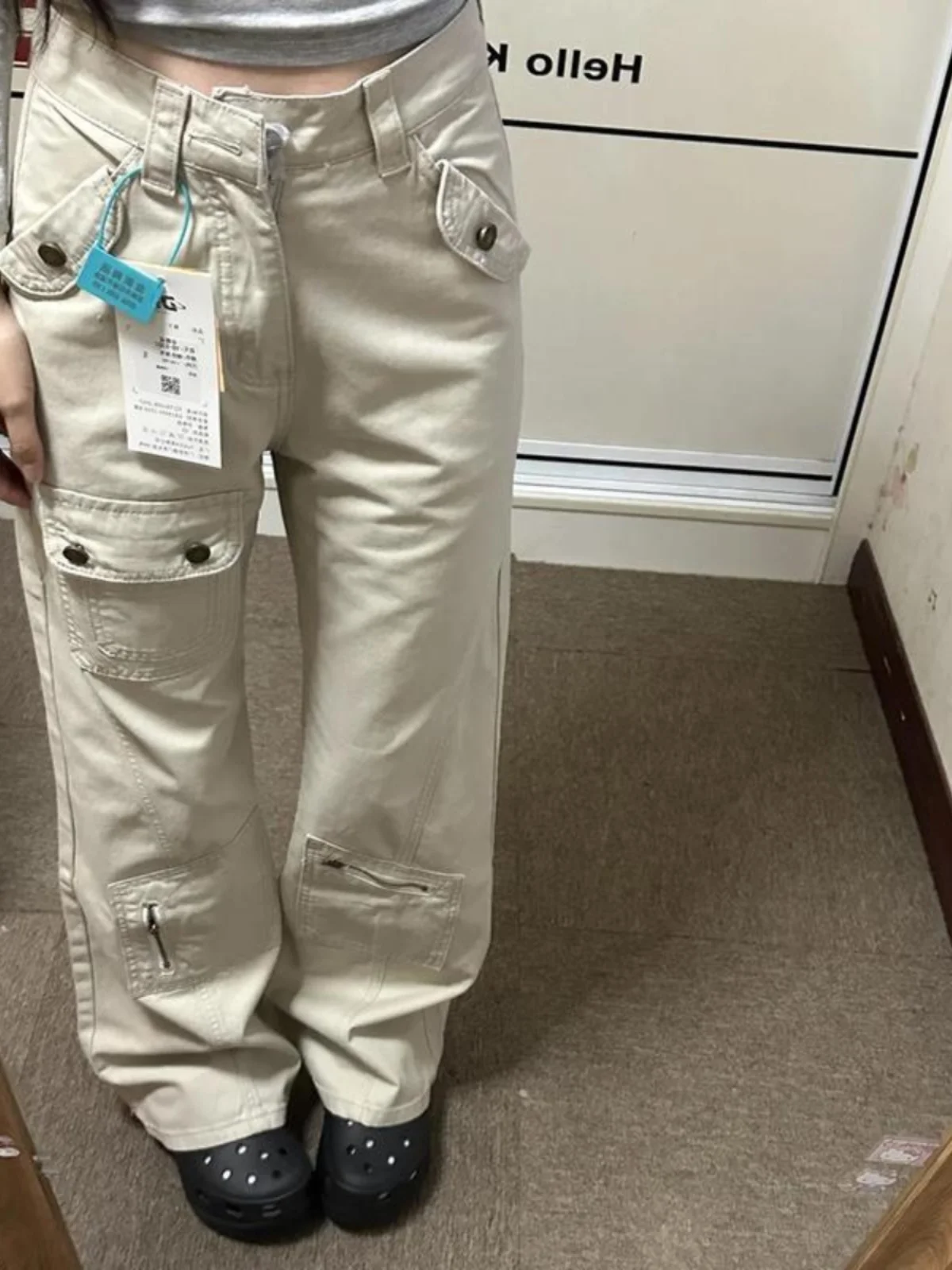 하이웨이스트 멀티포켓 작업복 바지 여성용 루즈핏 청바지 부츠컷 데님 바지 다용도 롱 팬츠 (키 작은 여성용) - AliExpress