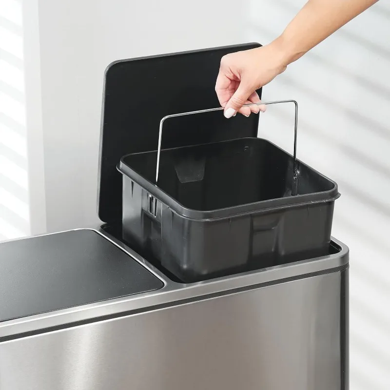 mDesign Metal Steel 16 Gallon/60-Liter, Dual Compartment Step Trash Can; Double Bin Trash Can/Recycler Combo for Kitchen 6