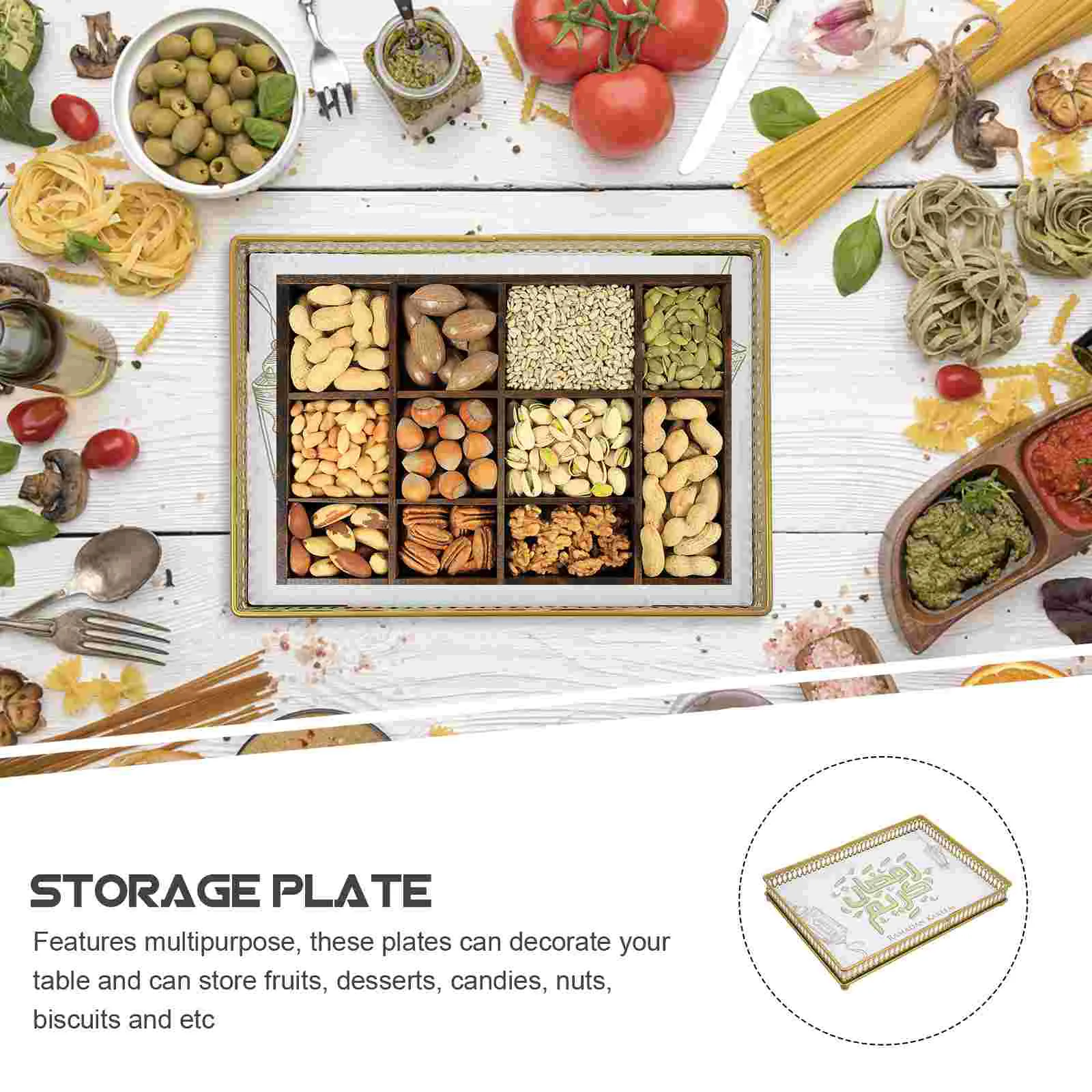 1pc Muslim Painting Eid Metal Plate Square Service Tray Party Supplies (Golden) Service Plate Eid Tray 3