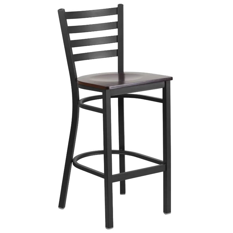 

LISM Series Black Ladder Back Metal Restaurant Barstool - Walnut Wood Seat