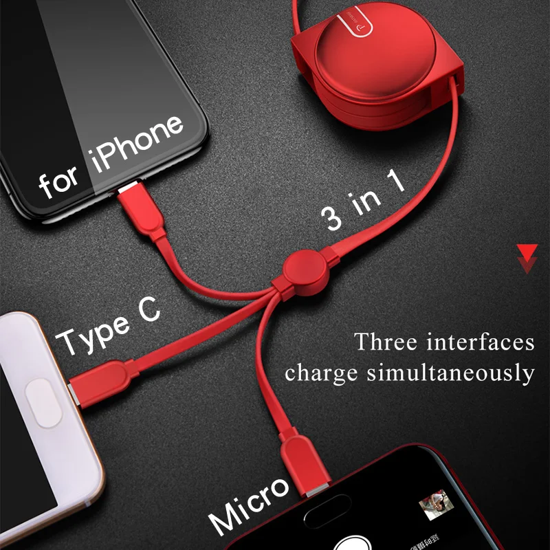 

3 In 1 USB Charge Cable for iPhone 13 12 Micro USB Type C Cable Retractable Portable Charging Cable For iPhone X 8 Samsung